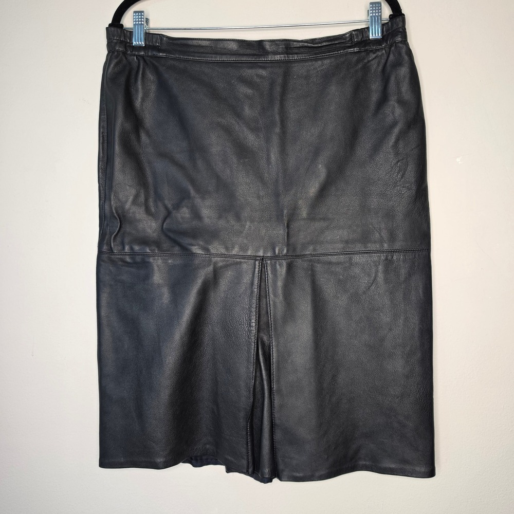VTG Leather Skirt Women Large Black Midi Pencil Kick Pleat Genuine Leather